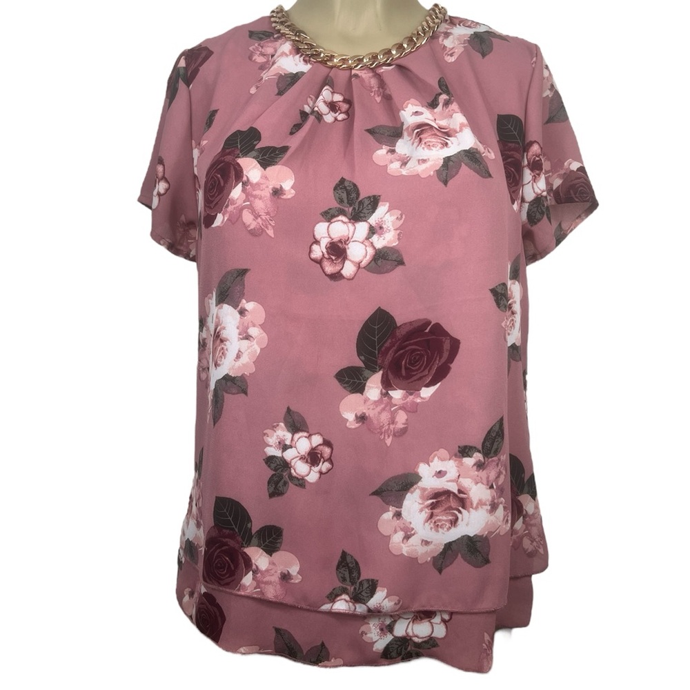 J for Justify Pink Floral Blouse with Chain Neckline size Large A-430